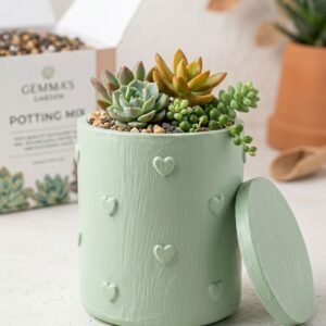 Handmade Heart Embossed Succulent Planter with Lid - Sage Green Ceramic Pot - Cute 3D Heart Cactus Planter - Gift for Plant Lovers