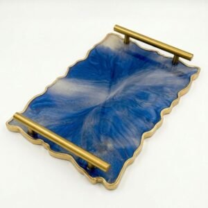 Handmade Blue Gold Resin Serving Tray, Marble Effect Decorative Platter, Lumevick Artisan Home